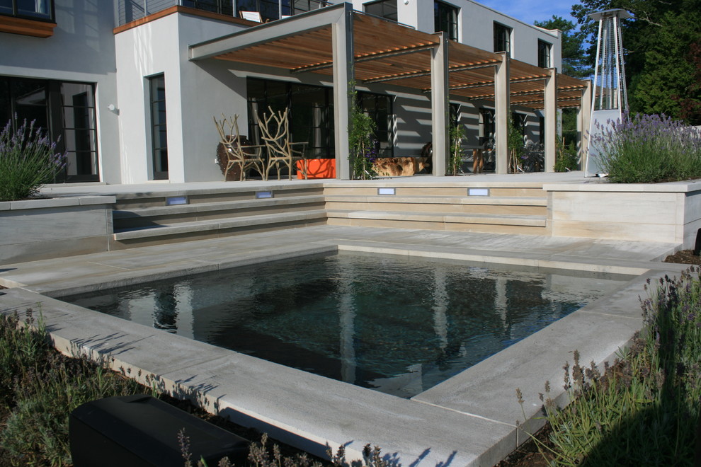 Idée de décoration pour un couloir de nage arrière design de taille moyenne et rectangle avec un bain bouillonnant et des pavés en pierre naturelle.