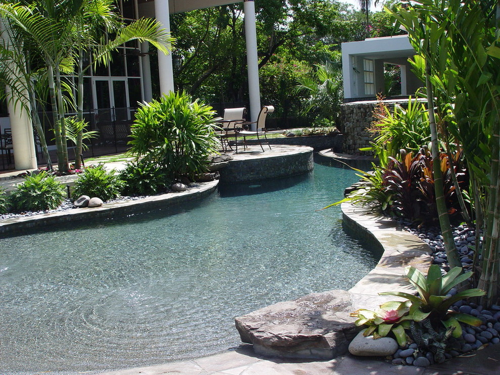 Inspiration for a large world-inspired back custom shaped natural swimming pool in Miami with a water feature and tiled flooring.