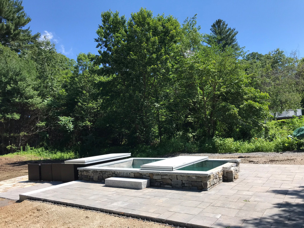 На фото: маленький естественный, прямоугольный бассейн на заднем дворе в классическом стиле с джакузи и мощением тротуарной плиткой для на участке и в саду с