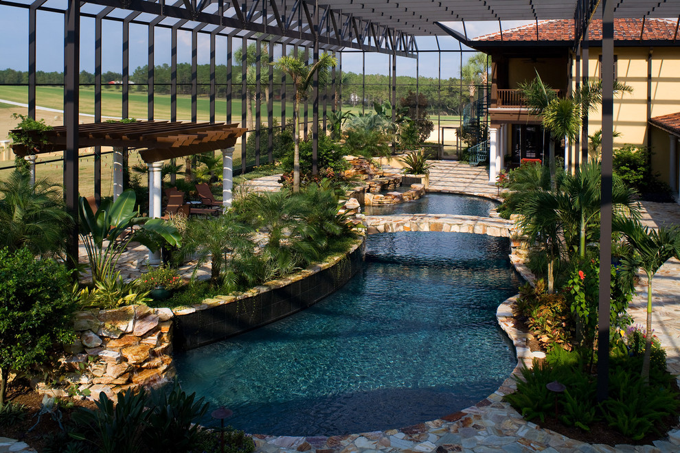 Pool - mediterranean indoor custom-shaped pool idea in Tampa