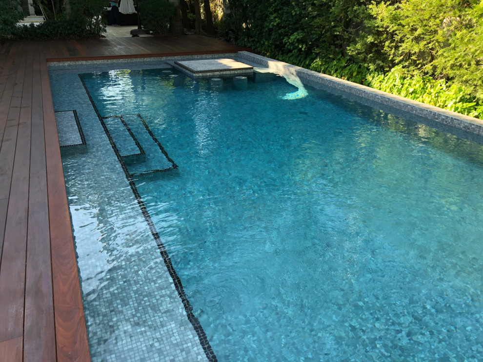 Пример оригинального дизайна: естественный, прямоугольный бассейн среднего размера на заднем дворе в современном стиле с домиком у бассейна