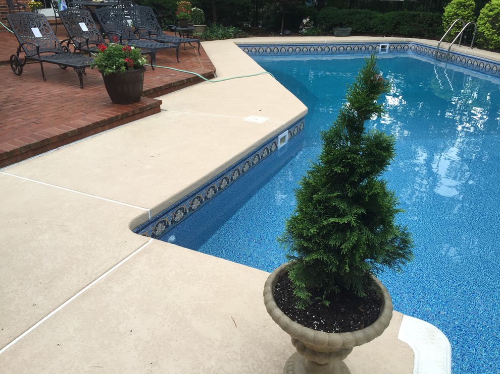Foto de piscina natural clásica de tamaño medio a medida en patio trasero con suelo de hormigón estampado