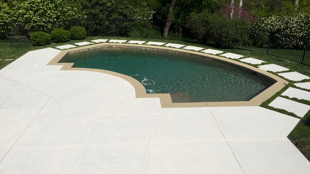 На фото: большой естественный бассейн произвольной формы на заднем дворе в классическом стиле с покрытием из гранитной крошки
