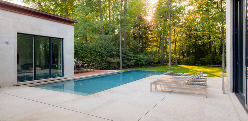 Foto di una grande piscina a sfioro infinito design rettangolare dietro casa con fontane e pavimentazioni in pietra naturale