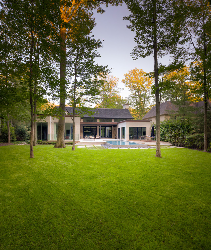 Modelo de piscina con fuente infinita contemporánea grande rectangular en patio trasero con adoquines de piedra natural