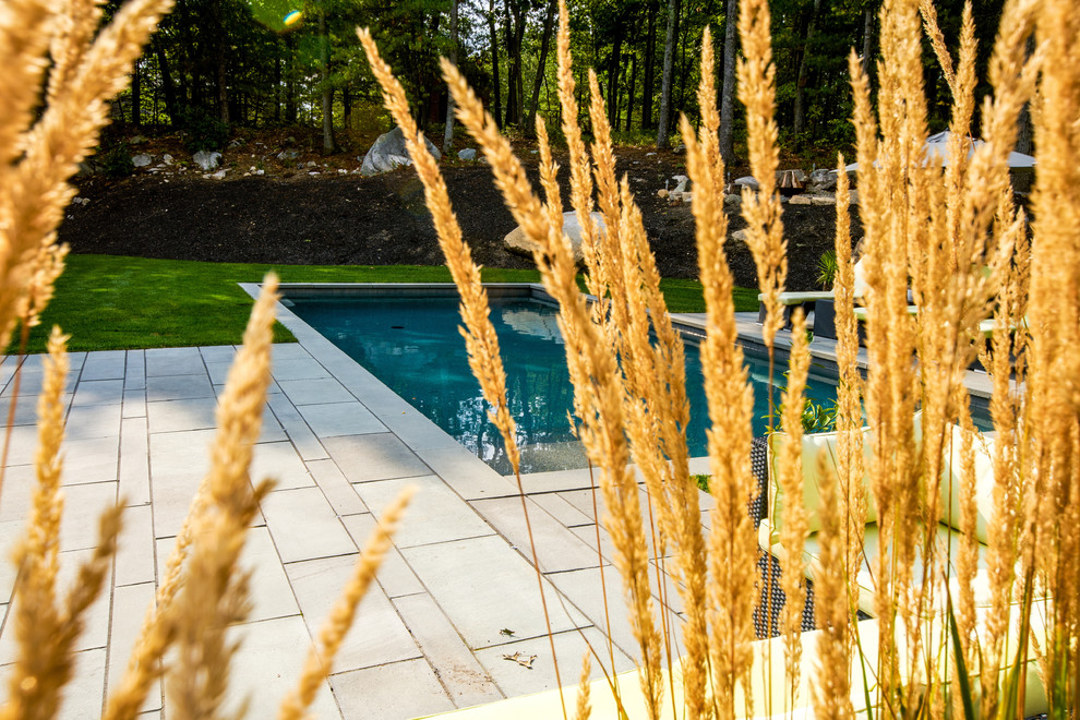 Imagen de piscina contemporánea de tamaño medio rectangular con adoquines de piedra natural