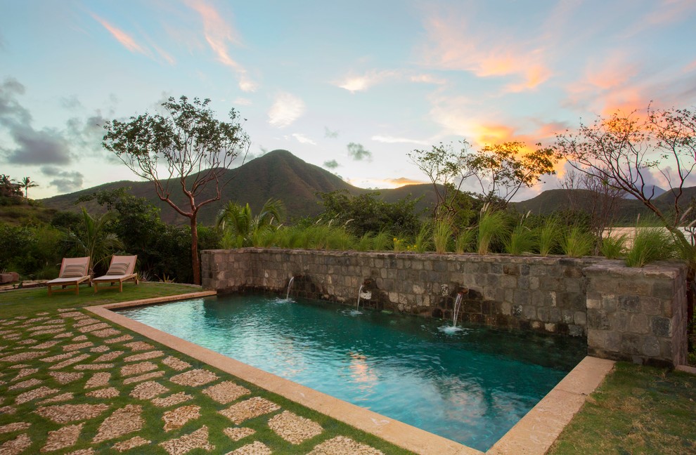 Foto di una piscina tropicale rettangolare dietro casa con pavimentazioni in pietra naturale