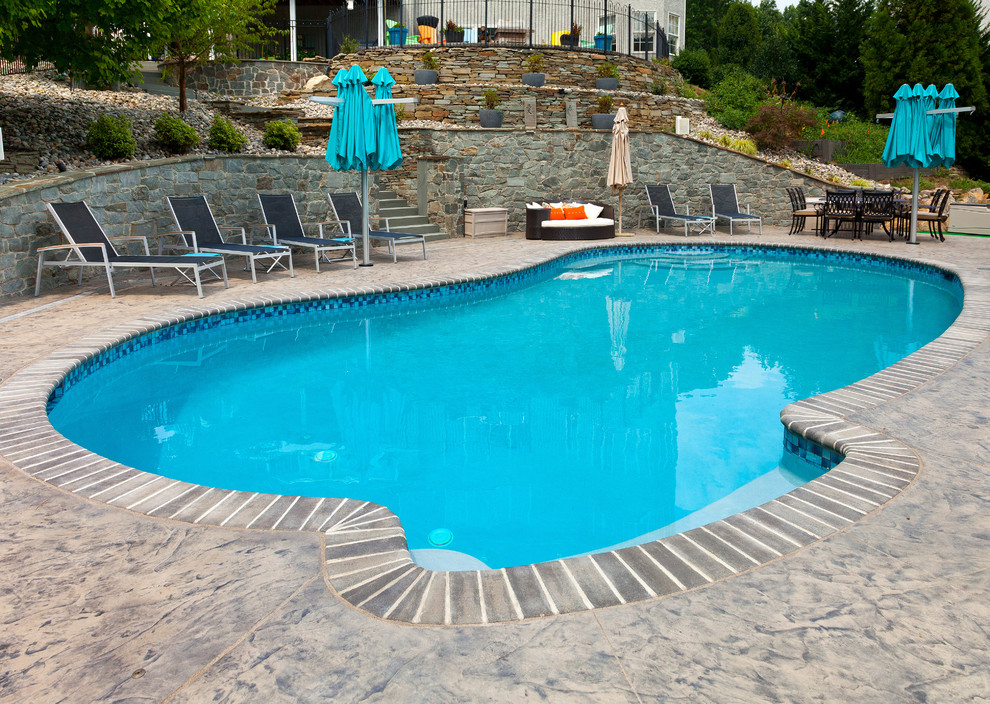 Foto di una piscina naturale a "C" dietro casa con cemento stampato