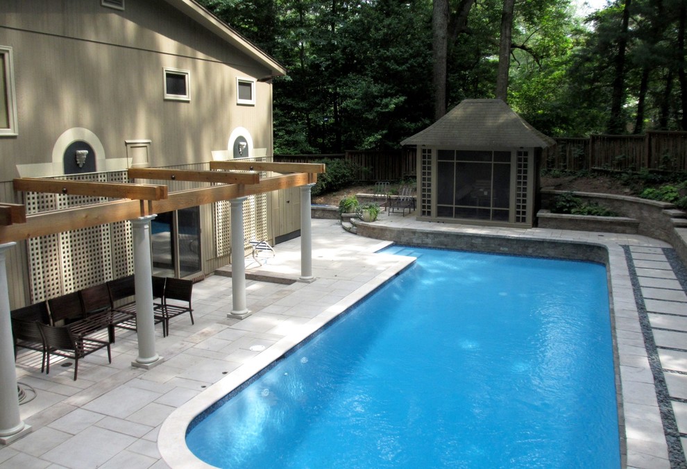 Stone Terraced Pool Deck, Patios, Fountains, Walls, Steps, Pergola, Before&After Transitional