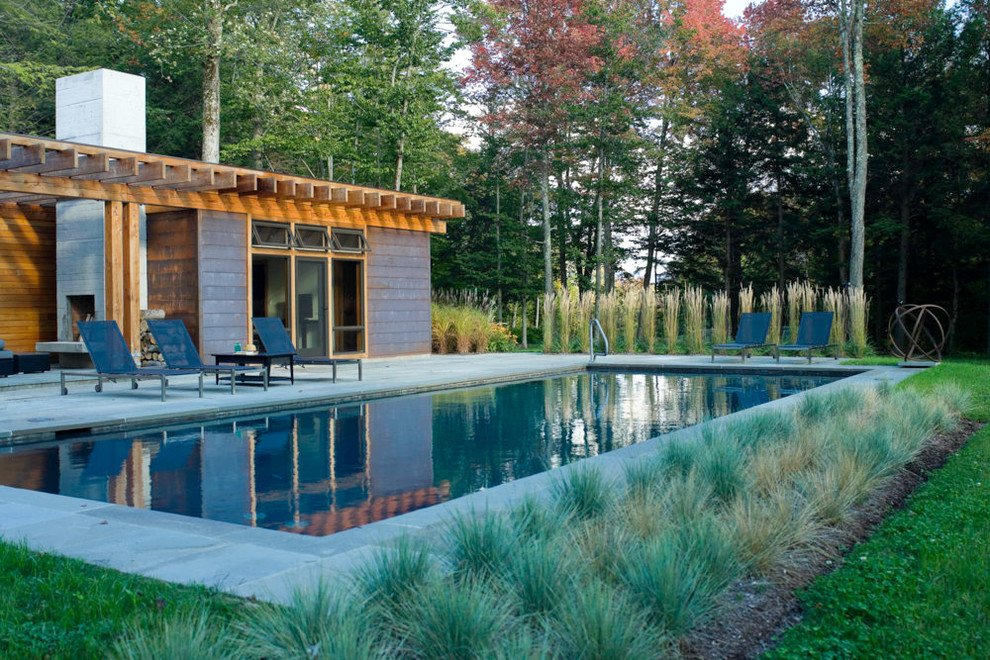 Ejemplo de piscina alargada minimalista grande rectangular en patio trasero con adoquines de piedra natural