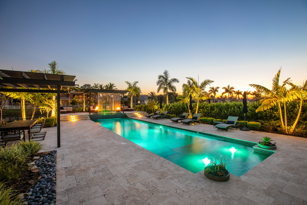 Straight Edge Pool in Parkland Florida with Custom Pergola and Tile Pool by Van Kirk & Sons