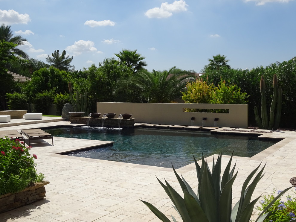 Immagine di una piscina monocorsia design rettangolare di medie dimensioni e dietro casa con fontane e pavimentazioni in pietra naturale
