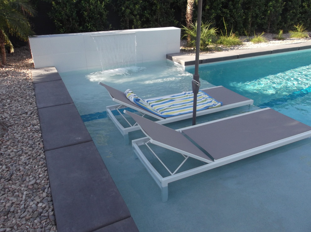 Immagine di una piscina design rettangolare di medie dimensioni e dietro casa con fontane e pavimentazioni in cemento