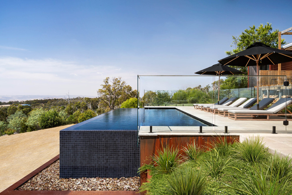 Ejemplo de piscina infinita contemporánea rectangular en patio trasero