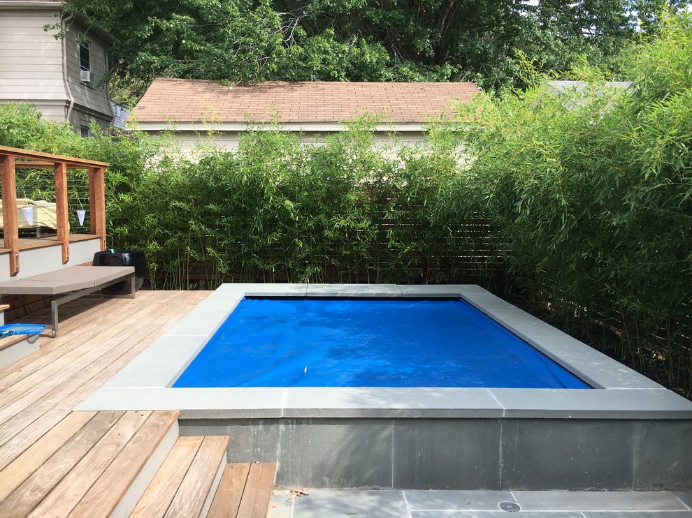 Cette image montre un grand Abris de piscine et pool houses arrière minimaliste sur mesure avec une terrasse en bois.