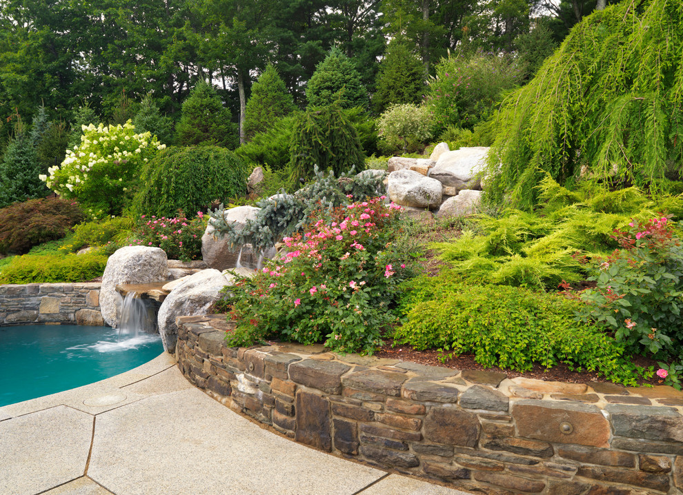 Photo of a large traditional back custom shaped swimming pool in Boston with a water feature and concrete paving.