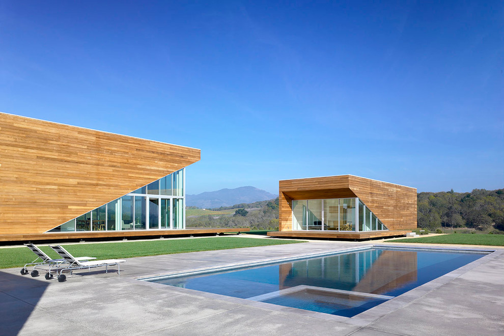 Esempio di una piscina monocorsia design rettangolare di medie dimensioni e dietro casa con lastre di cemento e una vasca idromassaggio