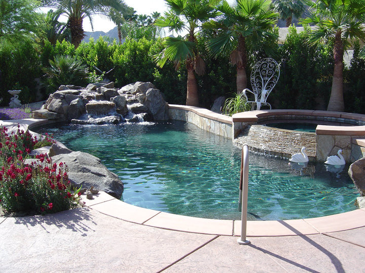 Foto de piscinas y jacuzzis tropicales de tamaño medio a medida en patio trasero con losas de hormigón