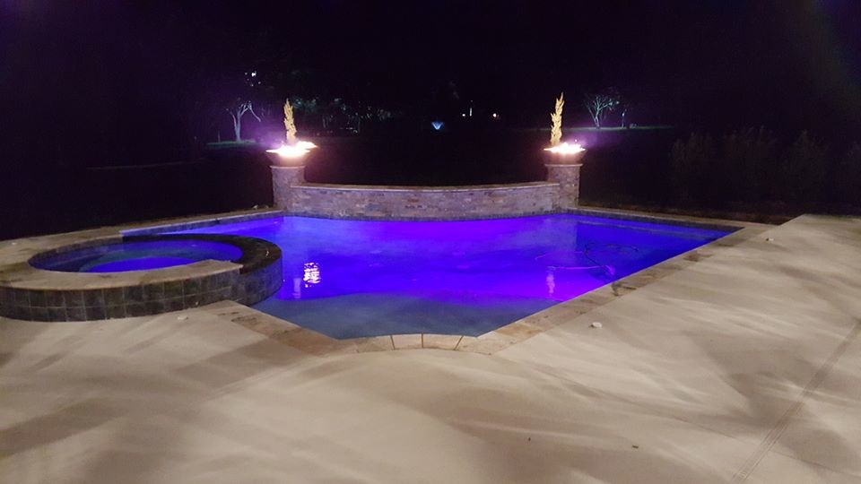 Foto de piscinas y jacuzzis contemporáneos grandes en forma de L en patio trasero con adoquines de hormigón