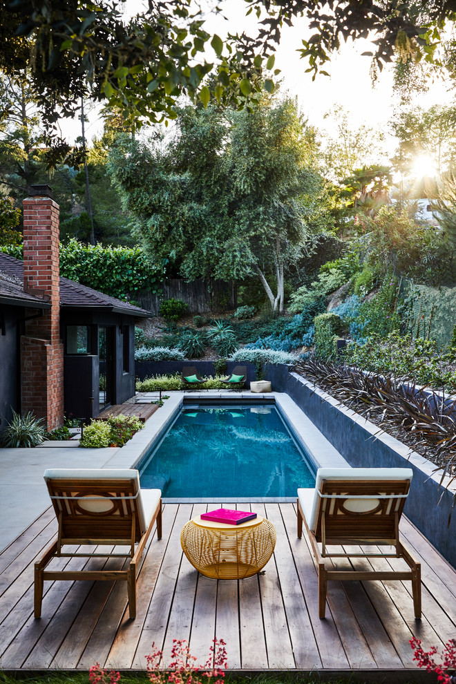 Imagen de piscina alargada actual de tamaño medio rectangular en patio trasero con losas de hormigón
