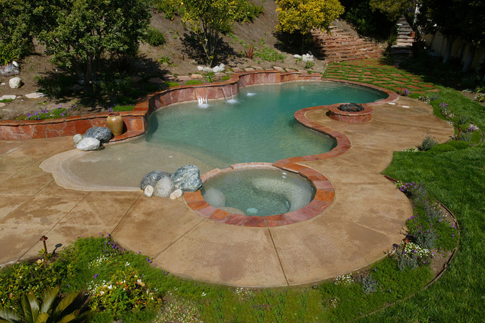 Ejemplo de piscinas y jacuzzis naturales clásicos renovados de tamaño medio a medida en patio trasero con losas de hormigón