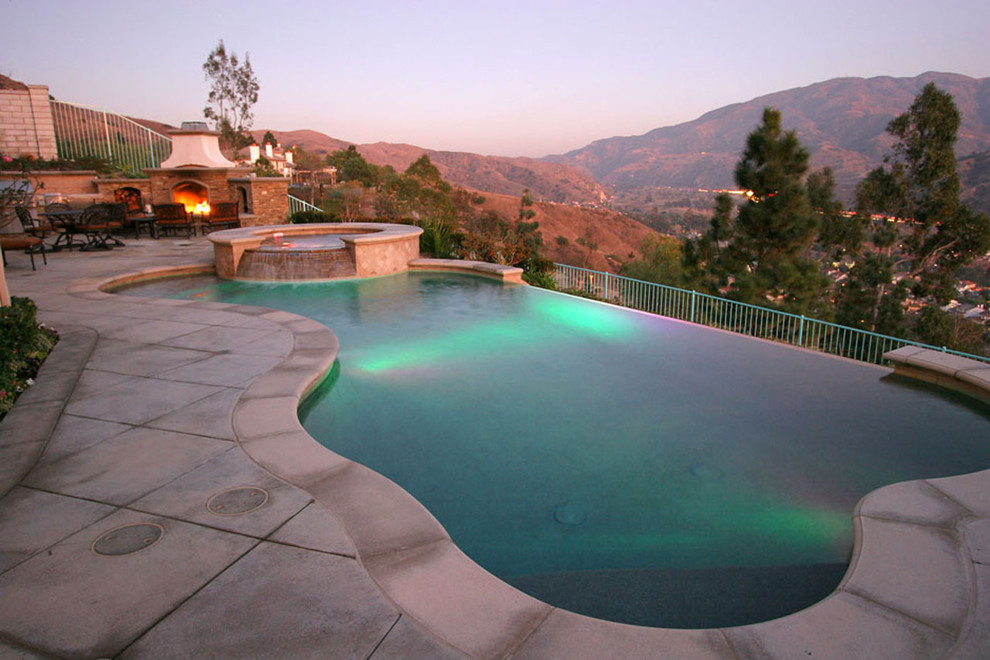 Foto de piscinas y jacuzzis infinitos contemporáneos grandes tipo riñón en patio trasero con adoquines de hormigón