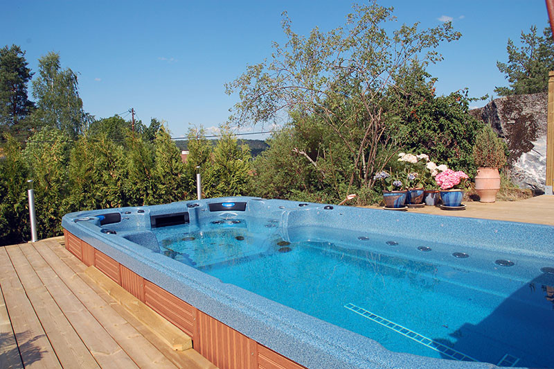 Modelo de piscinas y jacuzzis clásicos renovados de tamaño medio rectangulares en patio trasero con entablado