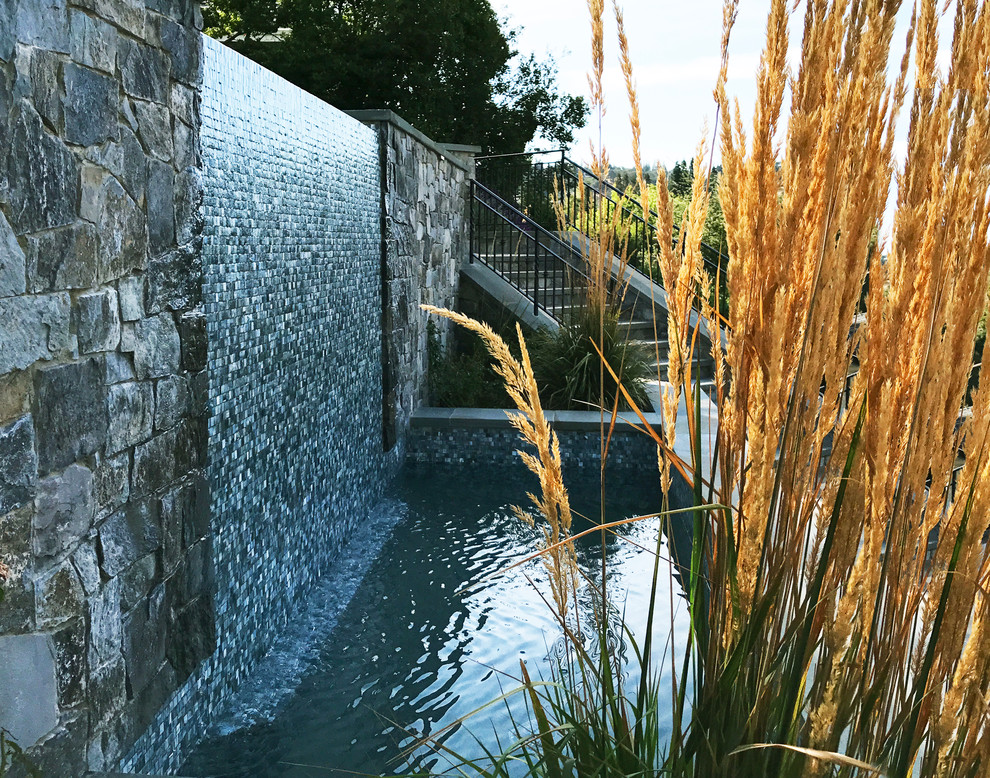 Пример оригинального дизайна: большой прямоугольный бассейн-инфинити на заднем дворе в стиле модернизм с фонтаном и покрытием из декоративного бетона