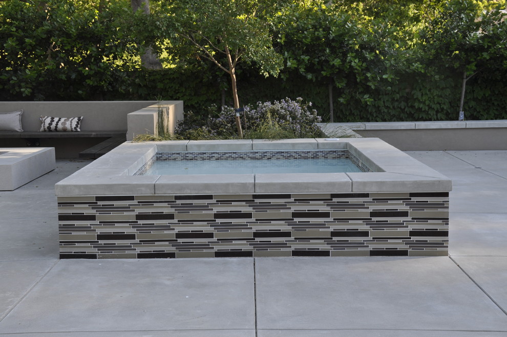 Réalisation d'une piscine arrière minimaliste de taille moyenne et rectangle avec un bain bouillonnant et une dalle de béton.