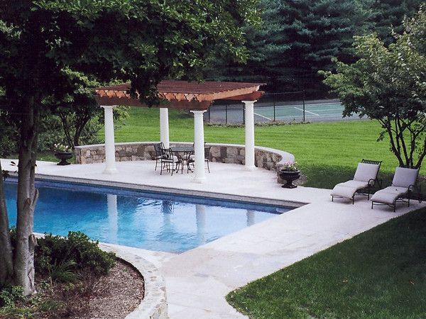Inspiration pour une grande piscine arrière design rectangle avec des pavés en pierre naturelle.