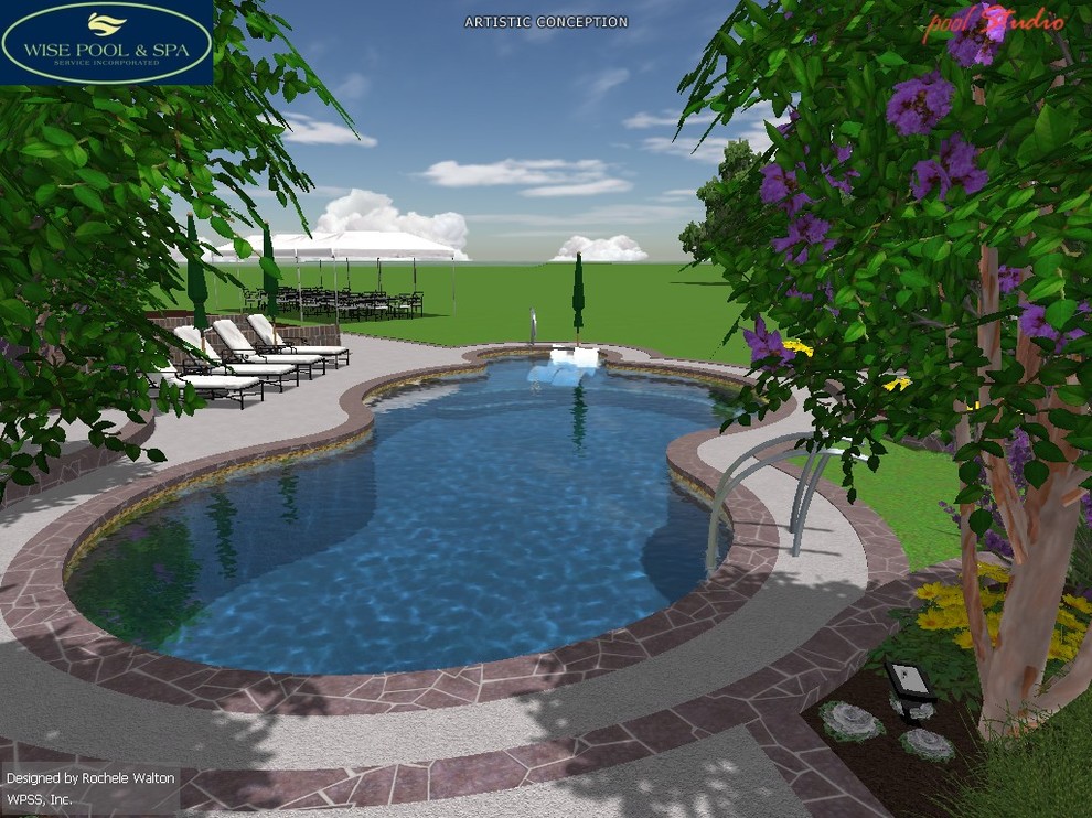 Inspiration för en mellanstor funkis anpassad pool längs med huset, med marksten i tegel