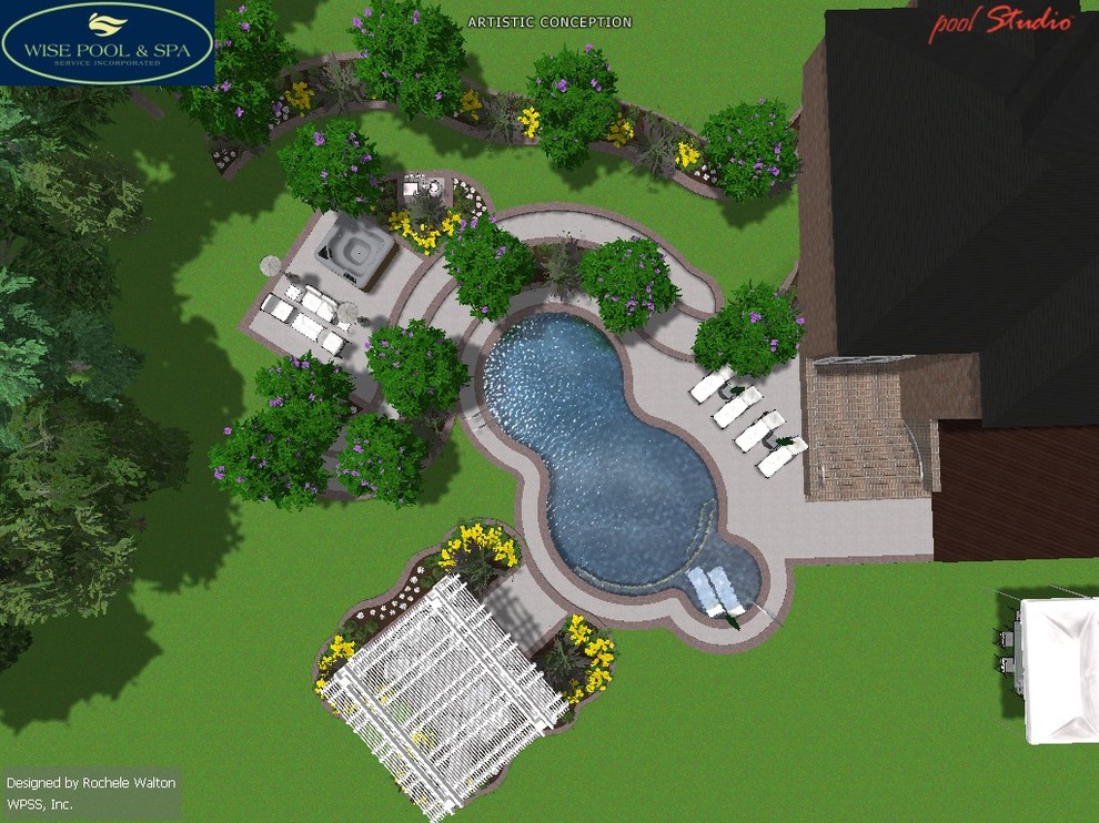 Modelo de piscina moderna de tamaño medio a medida en patio lateral con adoquines de ladrillo