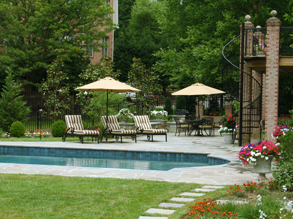 Großer Moderner Pool hinter dem Haus in rechteckiger Form mit Natursteinplatten in Washington, D.C.