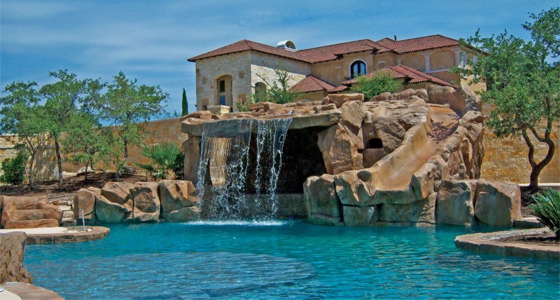 RicoRock Component Grotto Waterfall in a Pool w/ Water Slide