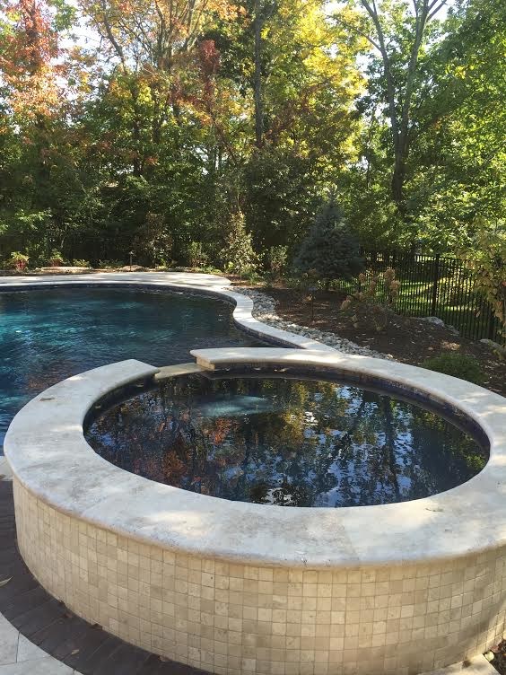 Idées déco pour une grande piscine naturelle et arrière classique sur mesure avec un bain bouillonnant et du carrelage.