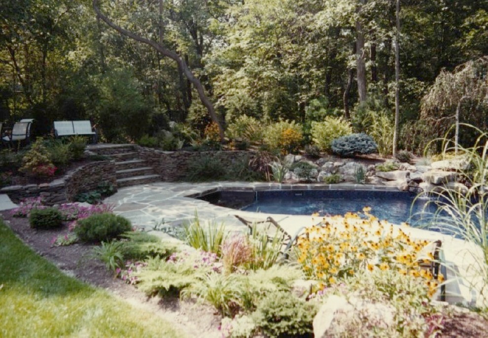 Diseño de piscinas y jacuzzis naturales clásicos a medida en patio trasero con adoquines de piedra natural