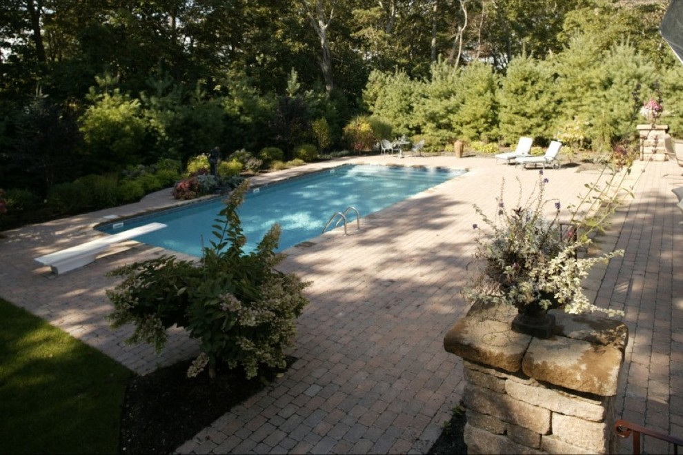 Modelo de piscina natural tradicional de tamaño medio rectangular en patio trasero con adoquines de hormigón