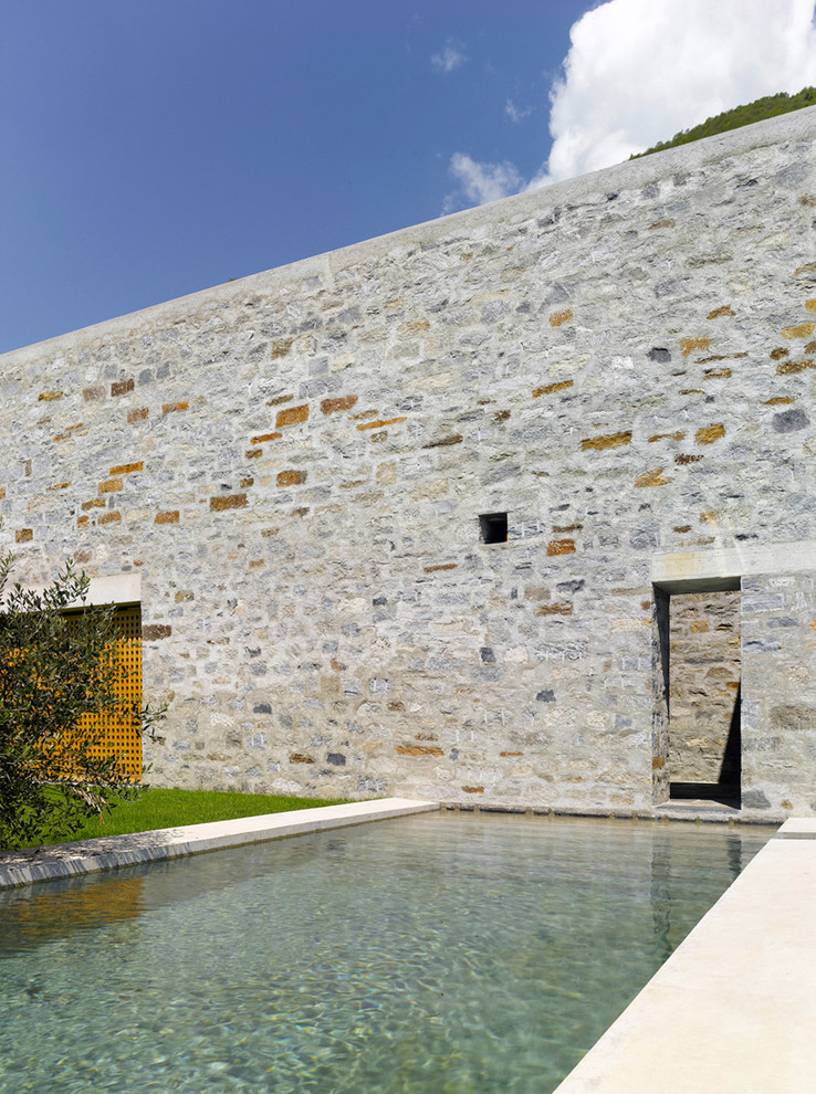 Modelo de piscina natural mediterránea grande rectangular en patio trasero con adoquines de piedra natural