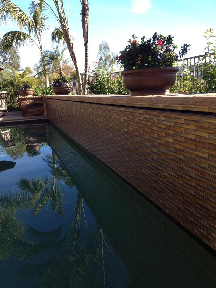 Imagen de piscina clásica rectangular en patio trasero con suelo de baldosas