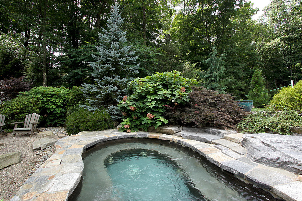 Diseño de piscinas y jacuzzis naturales clásicos de tamaño medio tipo riñón en patio trasero con adoquines de piedra natural