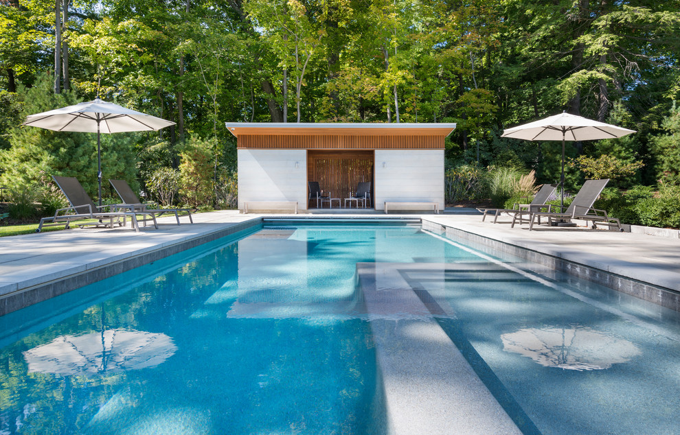 Modelo de casa de la piscina y piscina alargada clásica renovada pequeña rectangular en patio trasero con adoquines de hormigón