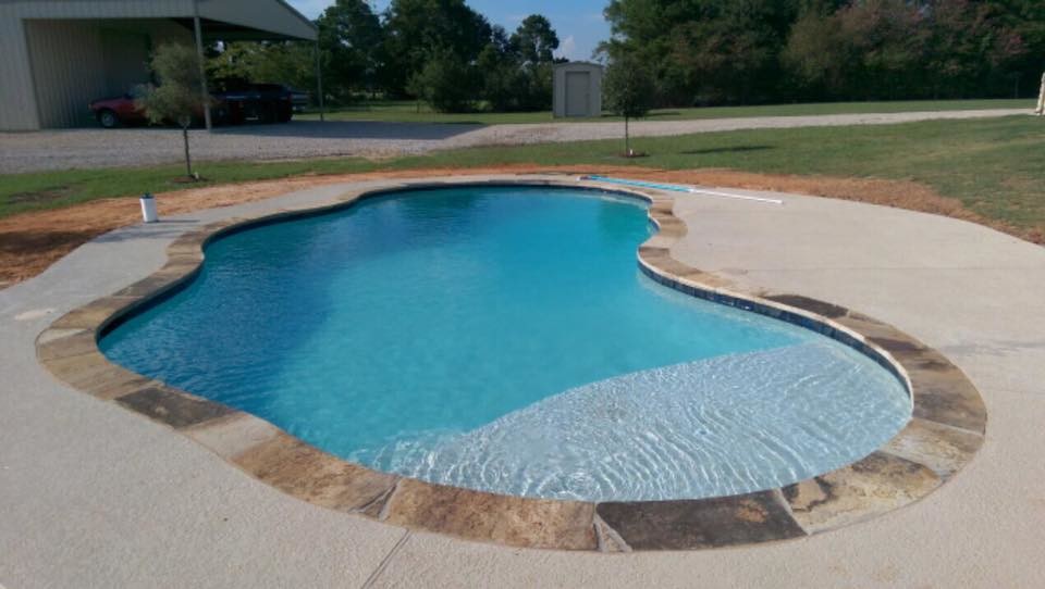Modelo de piscina alargada actual grande a medida en patio trasero con adoquines de hormigón