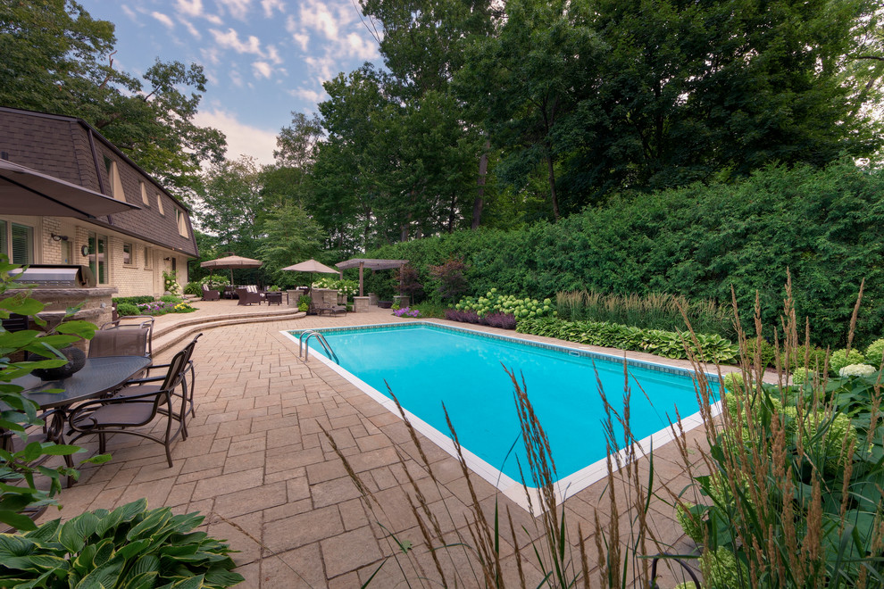 Modelo de piscina clásica rectangular en patio trasero con adoquines de piedra natural