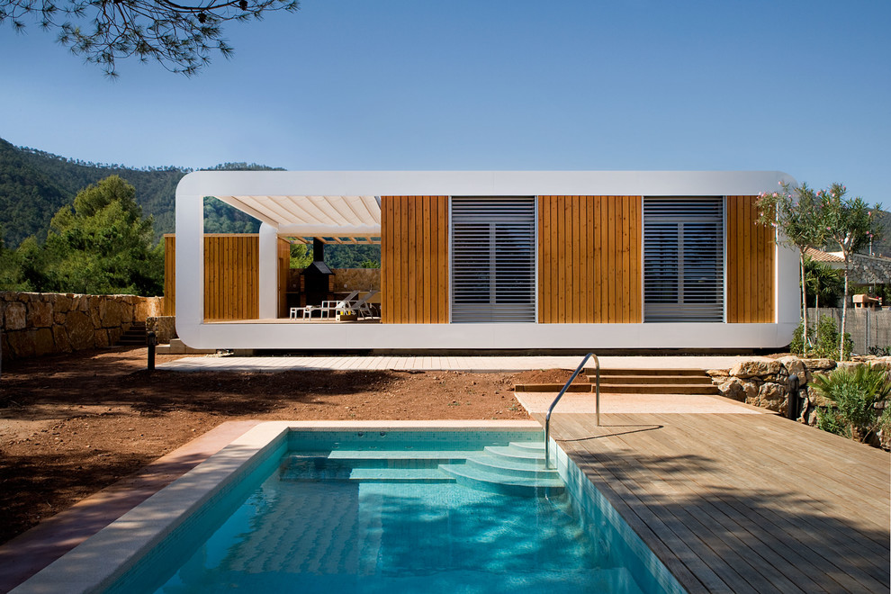 Immagine di una piscina monocorsia minimalista rettangolare dietro casa e di medie dimensioni con pedane