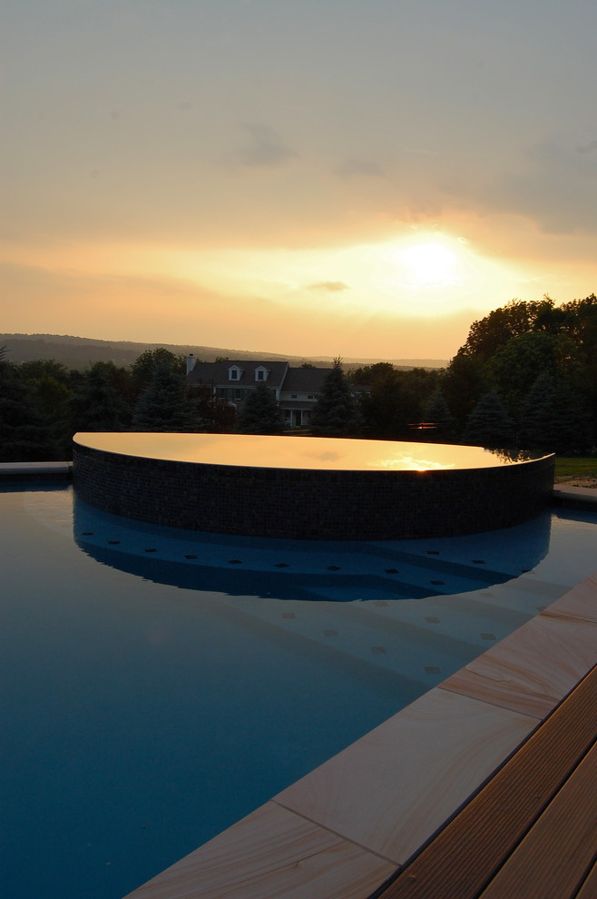 Cette photo montre une piscine arrière éclectique de taille moyenne et sur mesure avec une terrasse en bois.