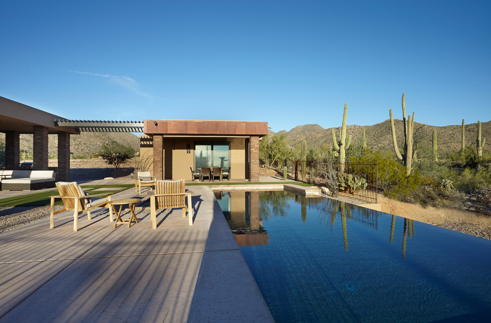Foto di una piscina a sfioro infinito minimal rettangolare di medie dimensioni e dietro casa con una dépendance a bordo piscina e lastre di cemento