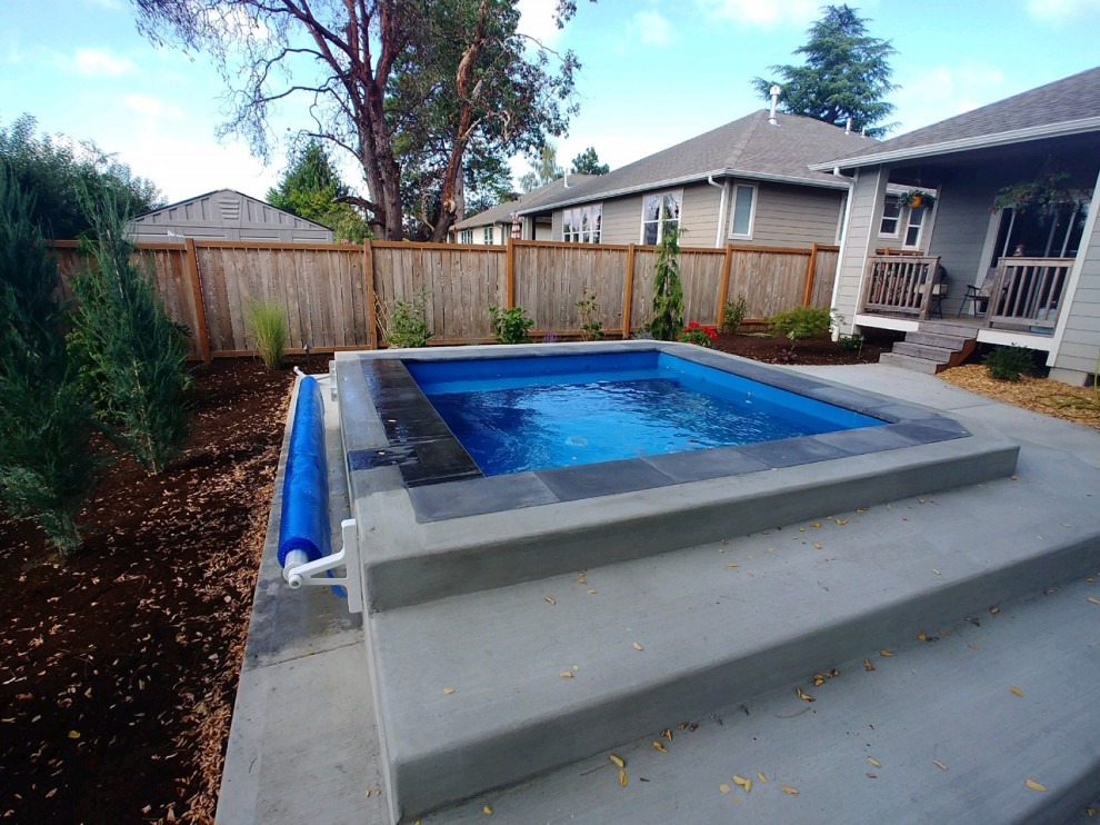 Ejemplo de piscina minimalista pequeña rectangular en patio trasero con losas de hormigón
