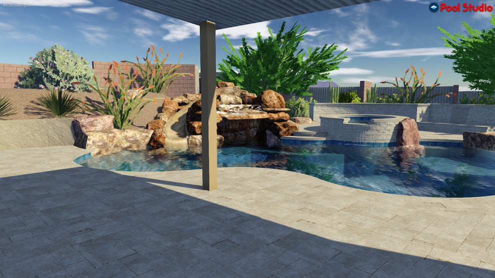Diseño de piscina con tobogán alargada actual extra grande a medida en patio trasero con suelo de baldosas