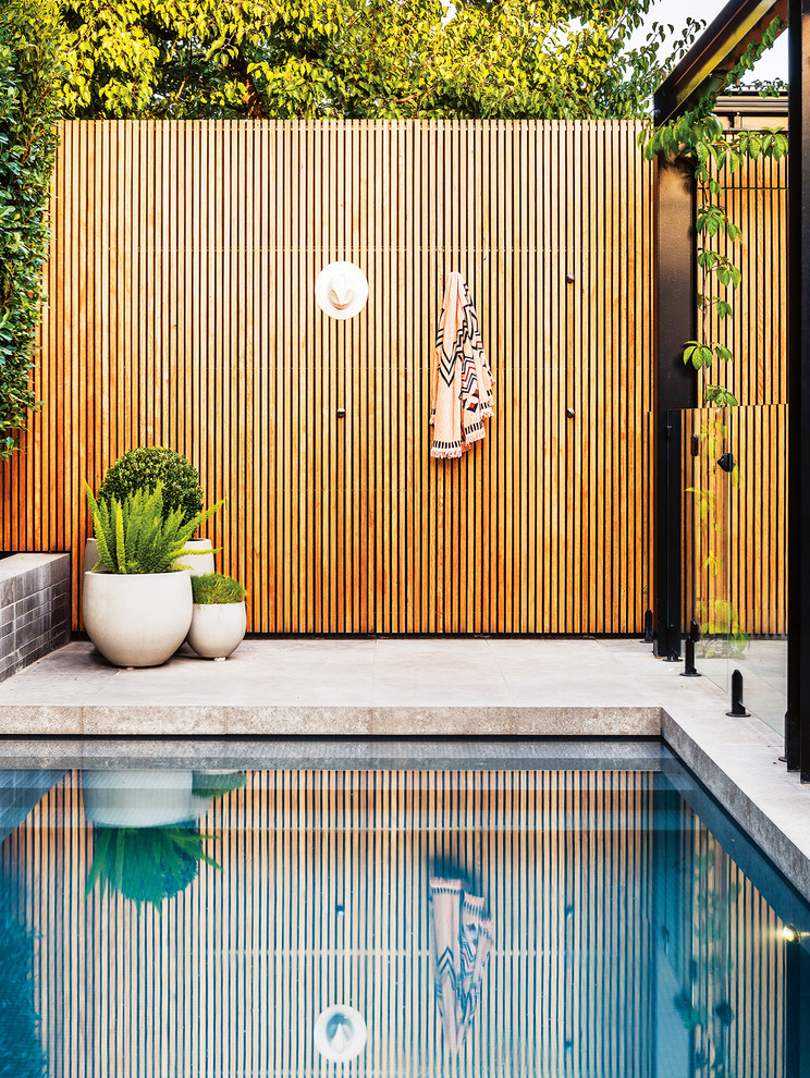 Пример оригинального дизайна: спортивный, прямоугольный бассейн на заднем дворе в современном стиле