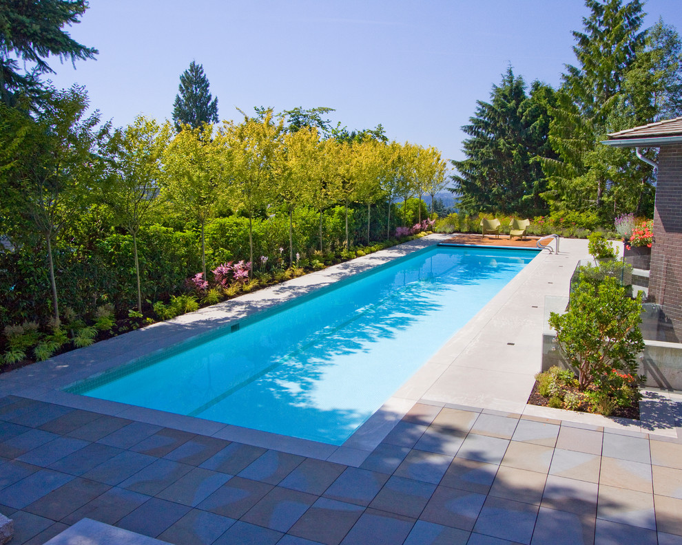 Imagen de piscina alargada tradicional rectangular en patio trasero